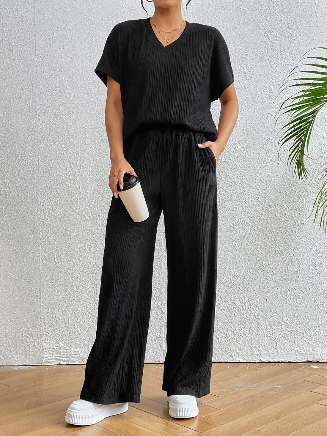 V-Neck Short Sleeve Top and Pants Set Two Piece Dresses