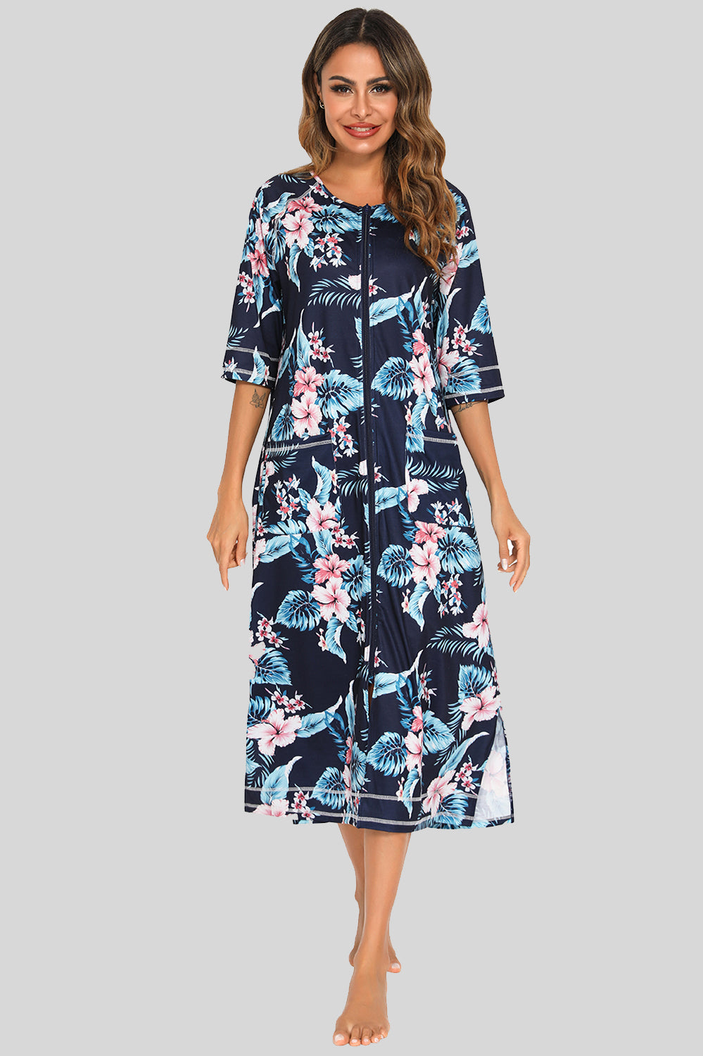 Printed Slit Night Dress with Pockets 