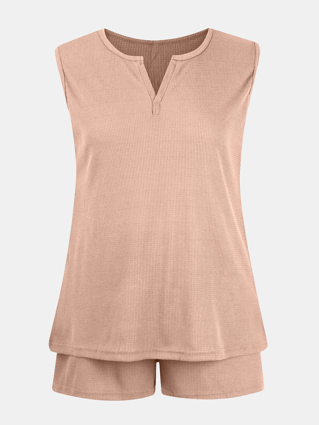 Full Size Waffle-Knit Notched Top and Shorts Set 