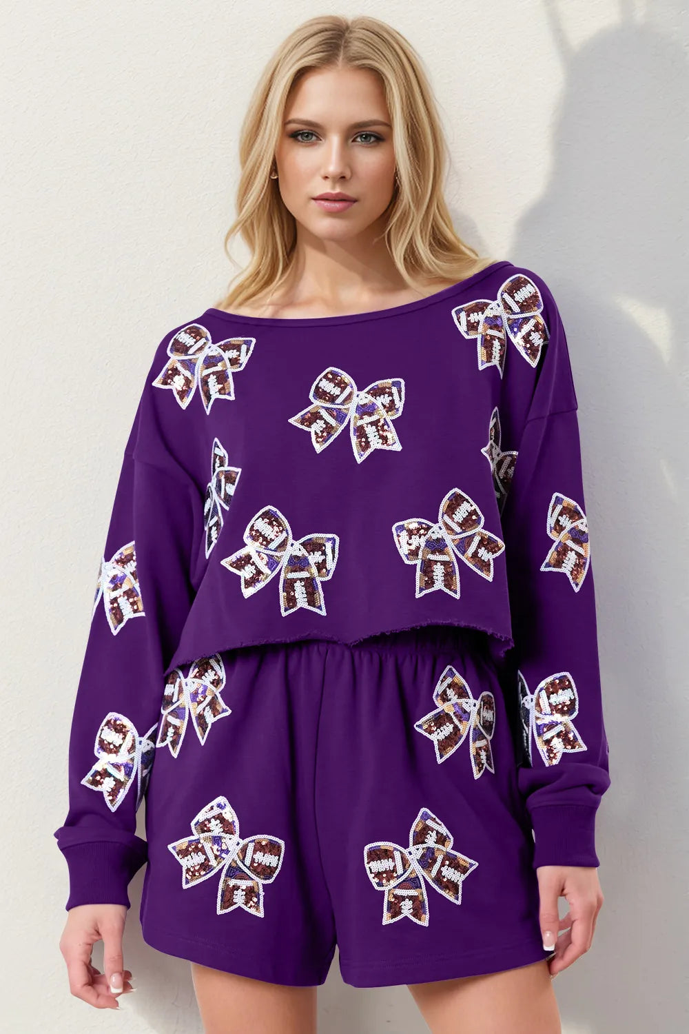 Double Take Sequin Bow Cropped Top and Shorts Set 