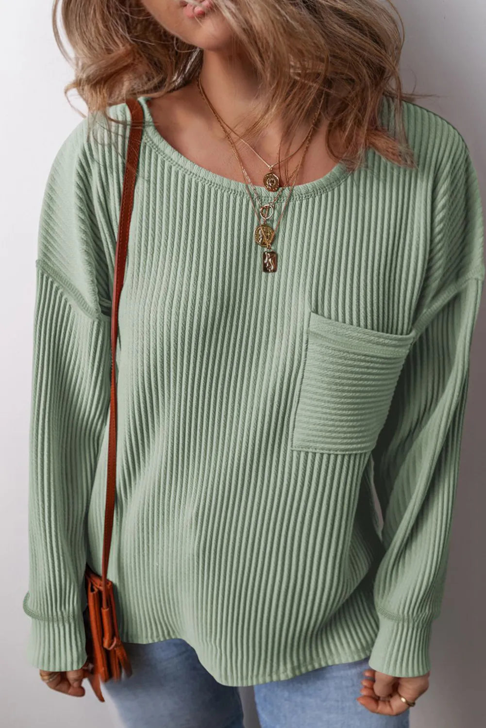 Plus Size Pocketed Ribbed Round Neck Long Sleeve Top 