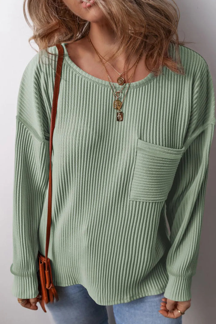 Plus Size Pocketed Ribbed Round Neck Long Sleeve Top 