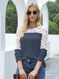 Waffle-Knit Lace Round Neck Long Sleeve T-Shirt 