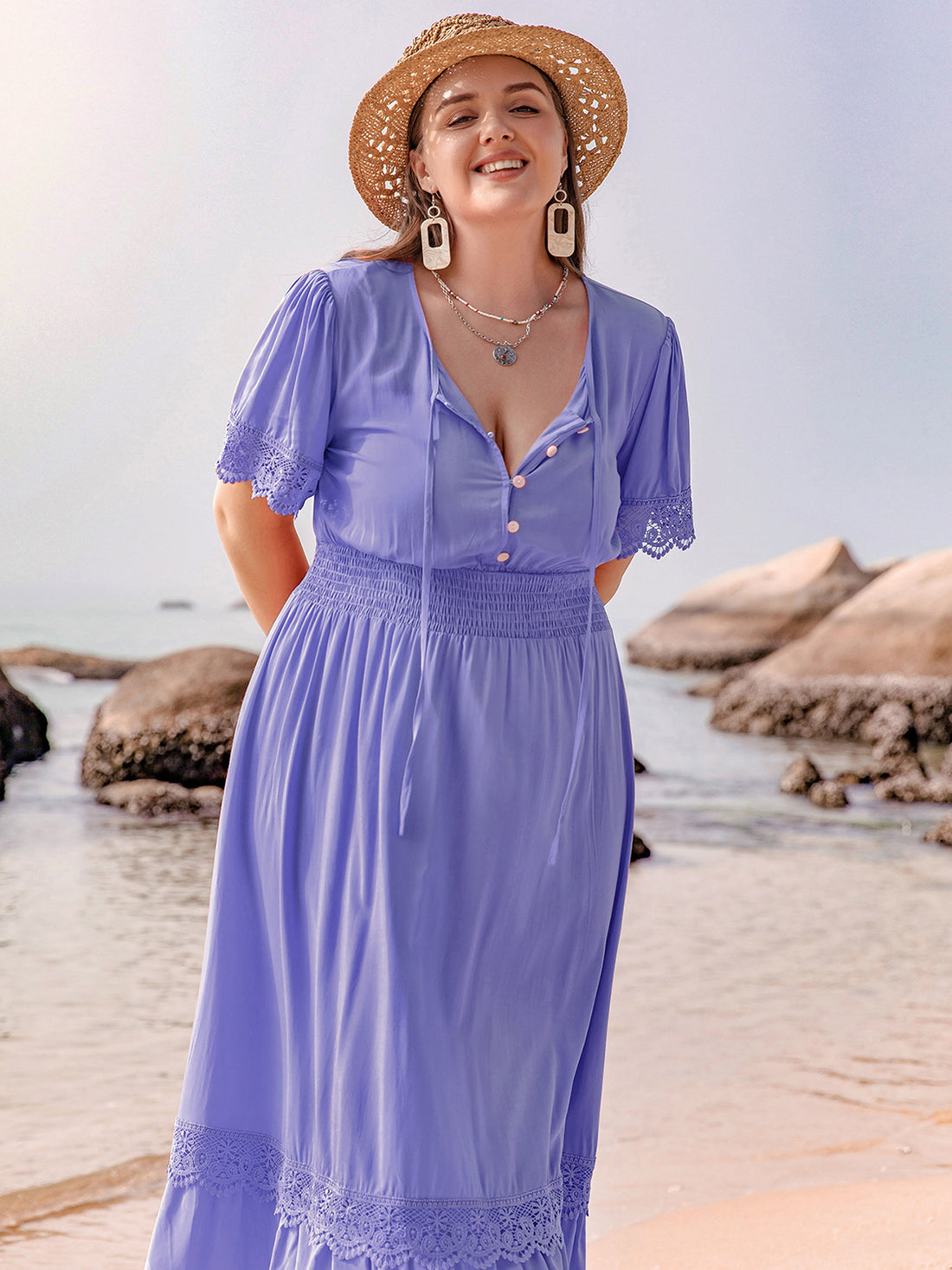 Plus Size Lace Detail Tie Neck Short Sleeve Maxi Dress 