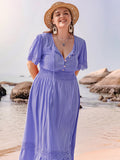 Plus Size Lace Detail Tie Neck Short Sleeve Maxi Dress 