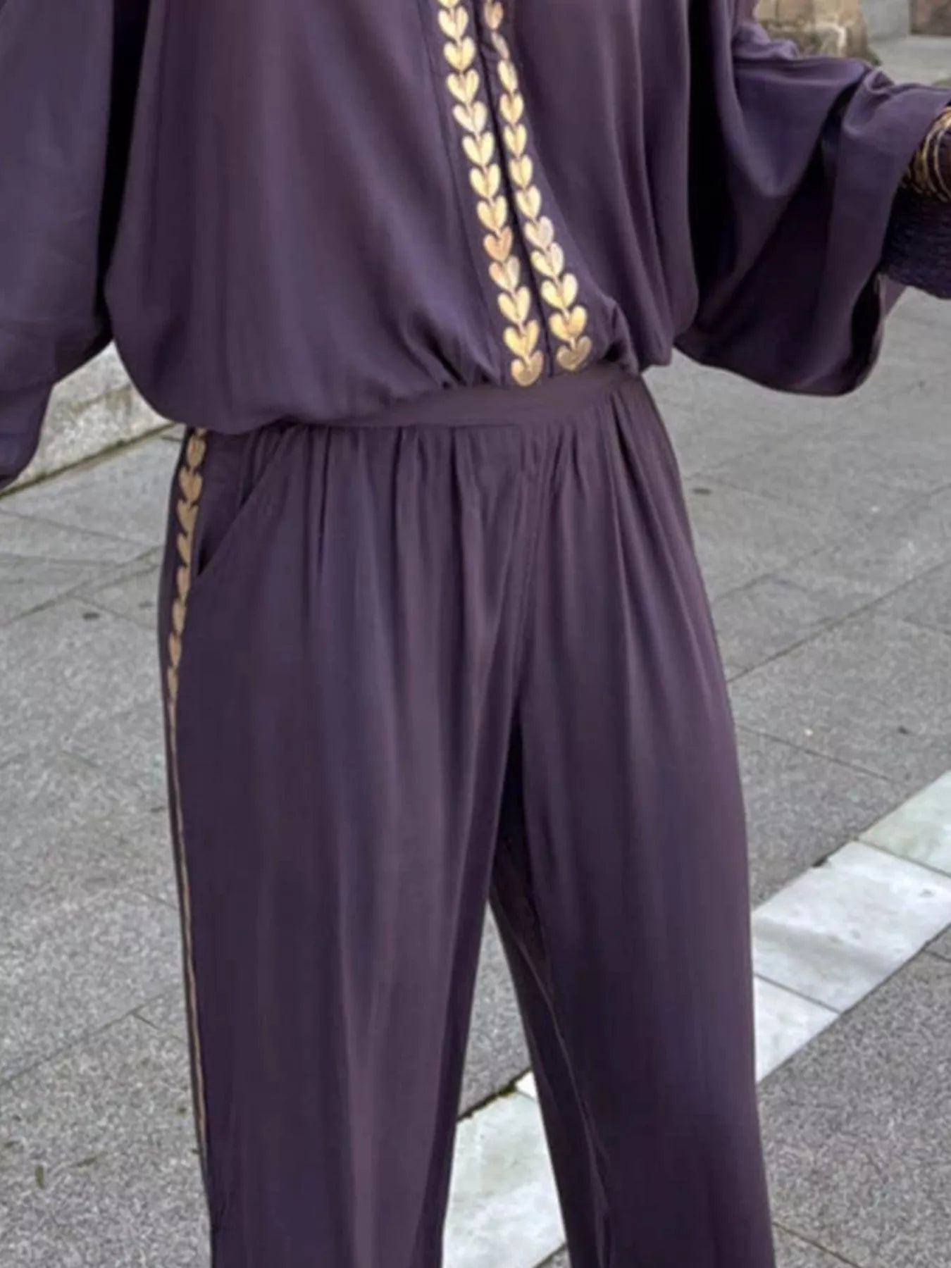 Full Size Contrast Trim V-Neck Top and Pants Set Plus Size 