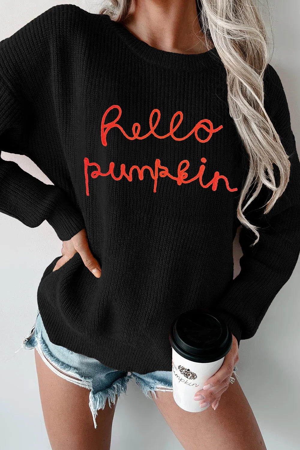 HELLO PUMPKIN Round Neck Long Sleeve Sweater 