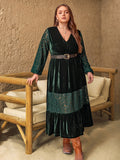 Plus Size Lace Patchwork V-Neck Balloon Sleeve Midi Dress 
