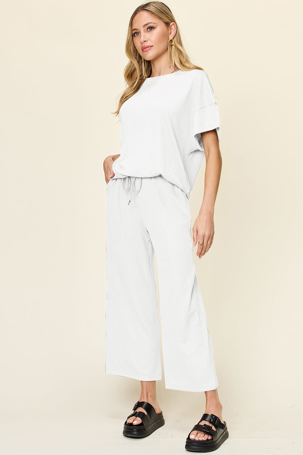Double Take Full Size Texture Round Neck Short Sleeve T-Shirt and Wide Leg Pants 