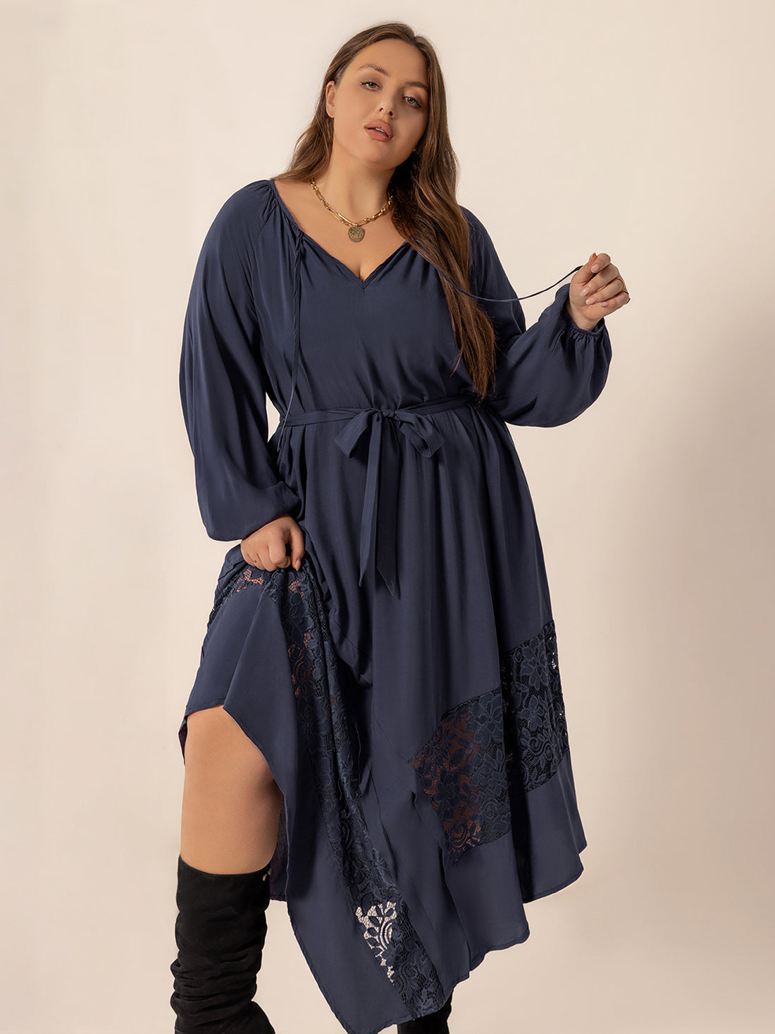 Plus Size Lace Detail Tie Neck Long Sleeve Midi Dress 