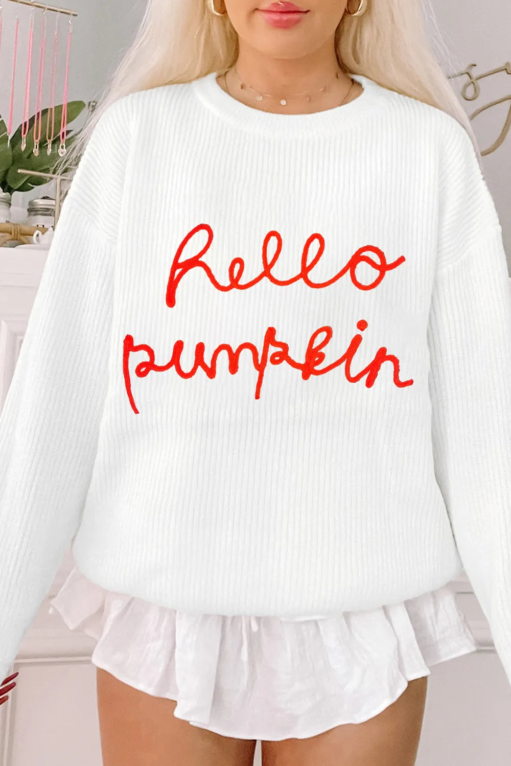 HELLO PUMPKIN Round Neck Long Sleeve Sweater 