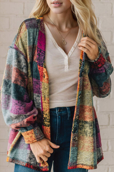 Double Take Full Size Exposed Seam Button Up Fleece Shacket 