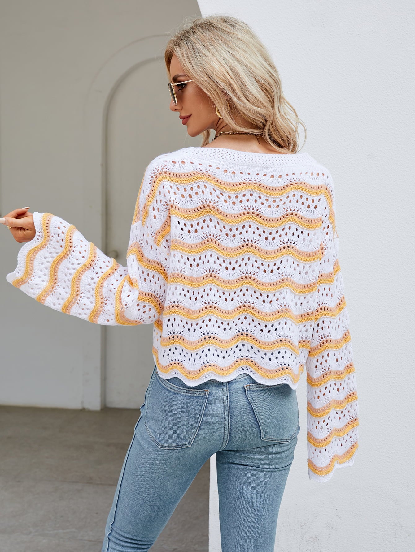 Round Neck Openwork Flare Sleeve Knit Top 
