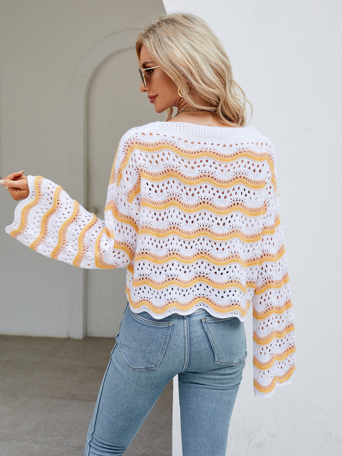 Round Neck Openwork Flare Sleeve Knit Top 