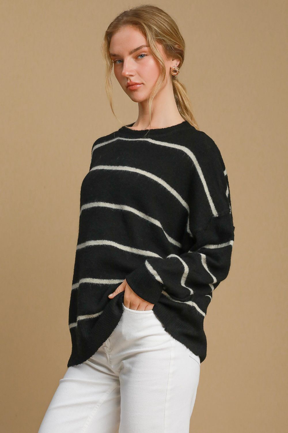 Umgee Wool Blend Striped Round Neck Sweater 