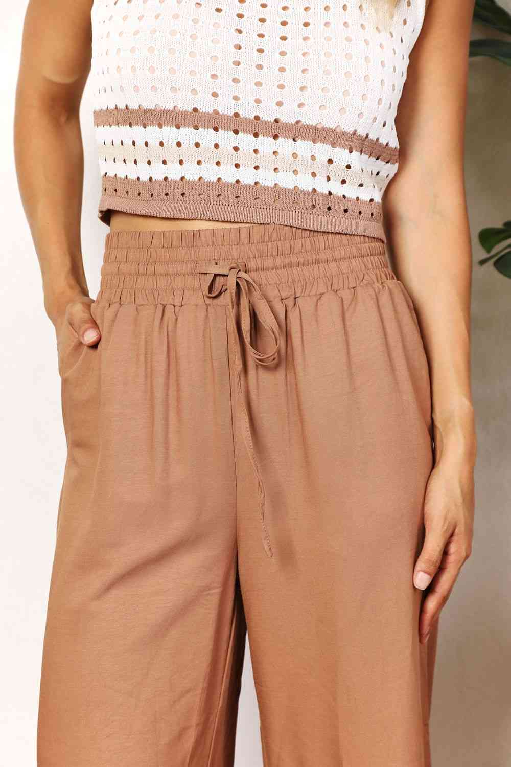 Double Take Drawstring Smocked Waist Wide Leg Pants 
