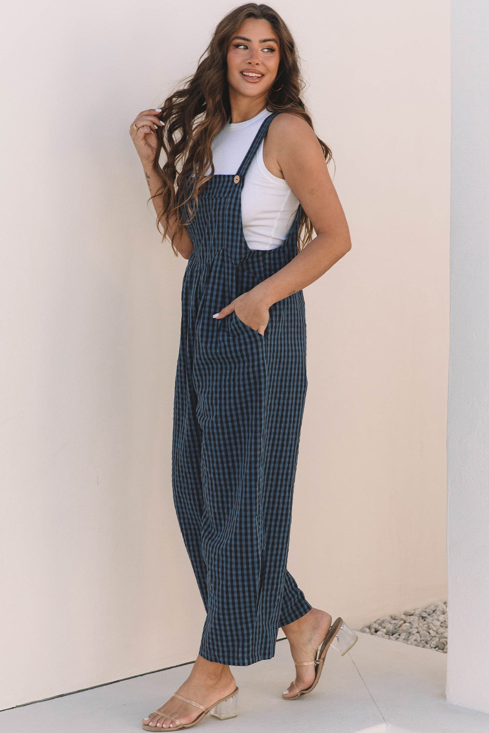 Sail Blue Plaid Print Buttoned Pocketed High Waist Overall Bottoms/Jumpsuits & Rompers