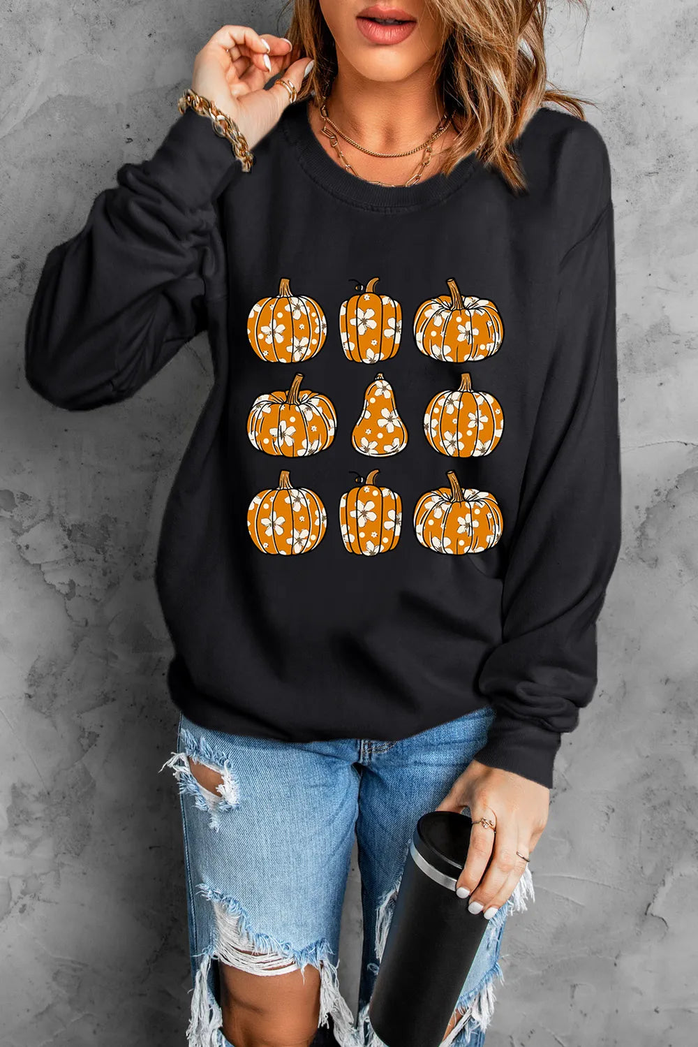 Pumpkin Round Neck Long Sleeve Sweatshirt 