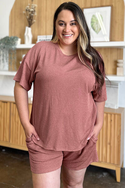 Double Take Full Size Round Neck Short Sleeve T-Shirt and Shorts Set 