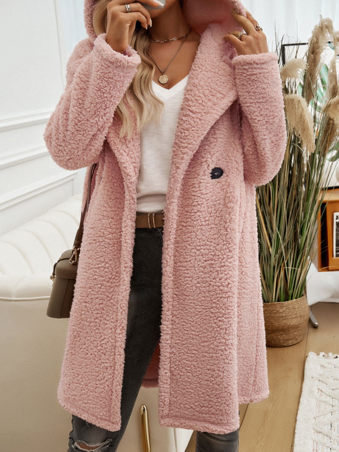 Devine Pocketed Long Sleeve Hooded Teddy Coat 