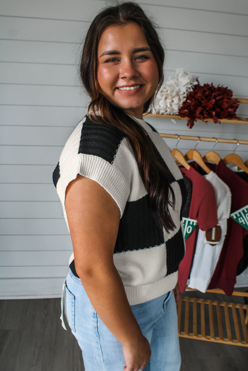 Black Checkered Color Block Crew Neck Short Sleeve Sweater Sweaters & Cardigans/Short Sleeve Sweaters