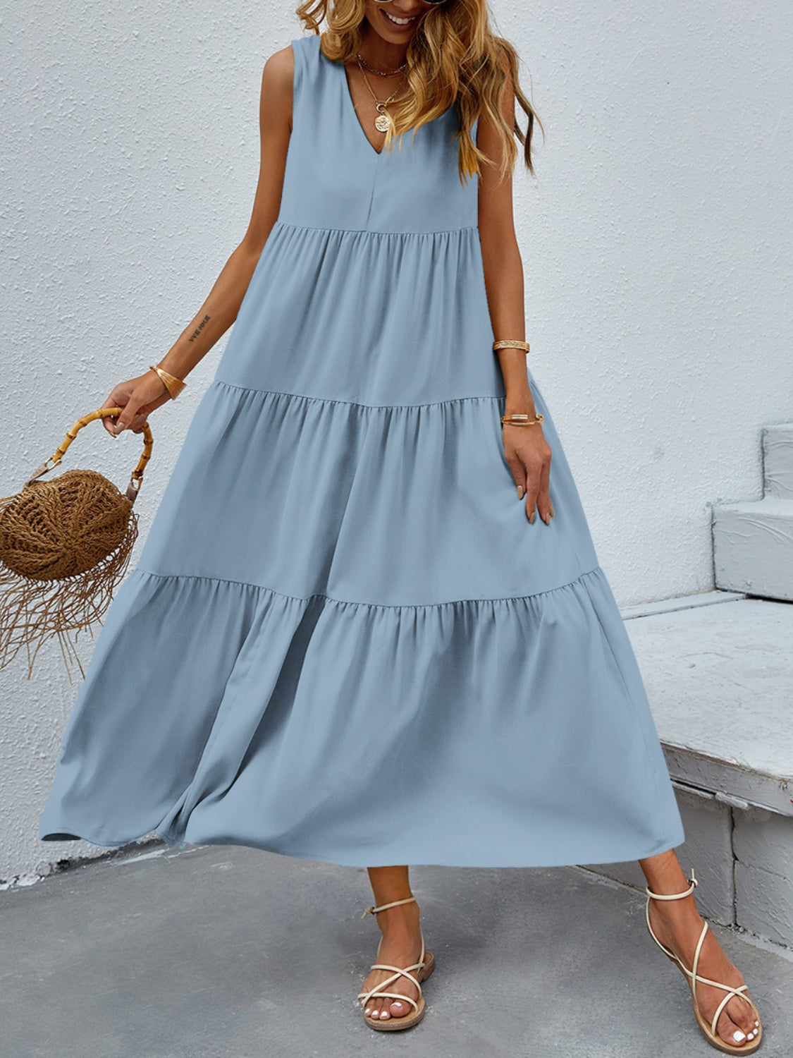 FAM-FAM Tiered V-Neck Sleeveless Dress 