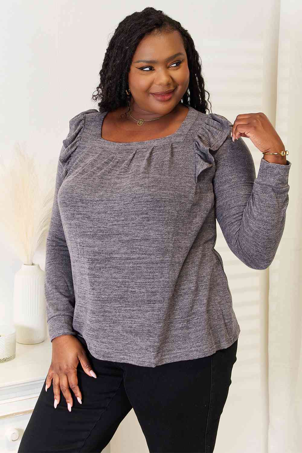 Double Take Square Neck Ruffle Shoulder Long Sleeve T-Shirt 