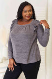 Double Take Square Neck Ruffle Shoulder Long Sleeve T-Shirt 