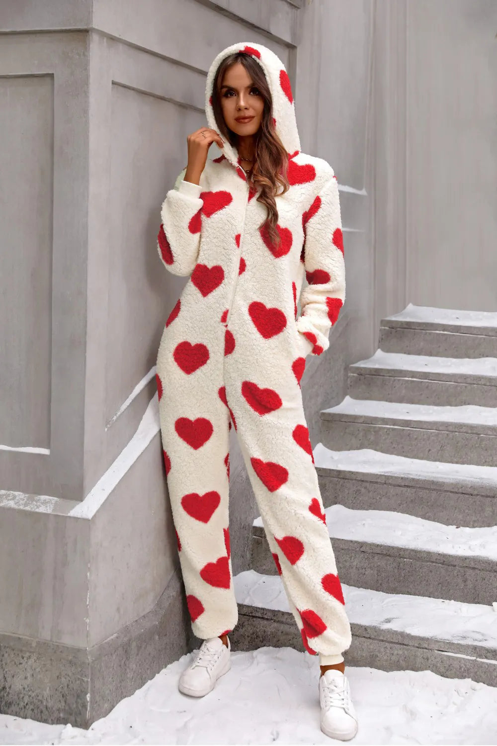 Fuzzy Heart Zip Up Hooded Lounge Jumpsuit Lingerie & Nightwear
