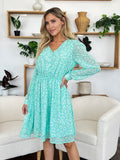Double Take Full Size Printed Ruched V-Neck Long Sleeve Dress 