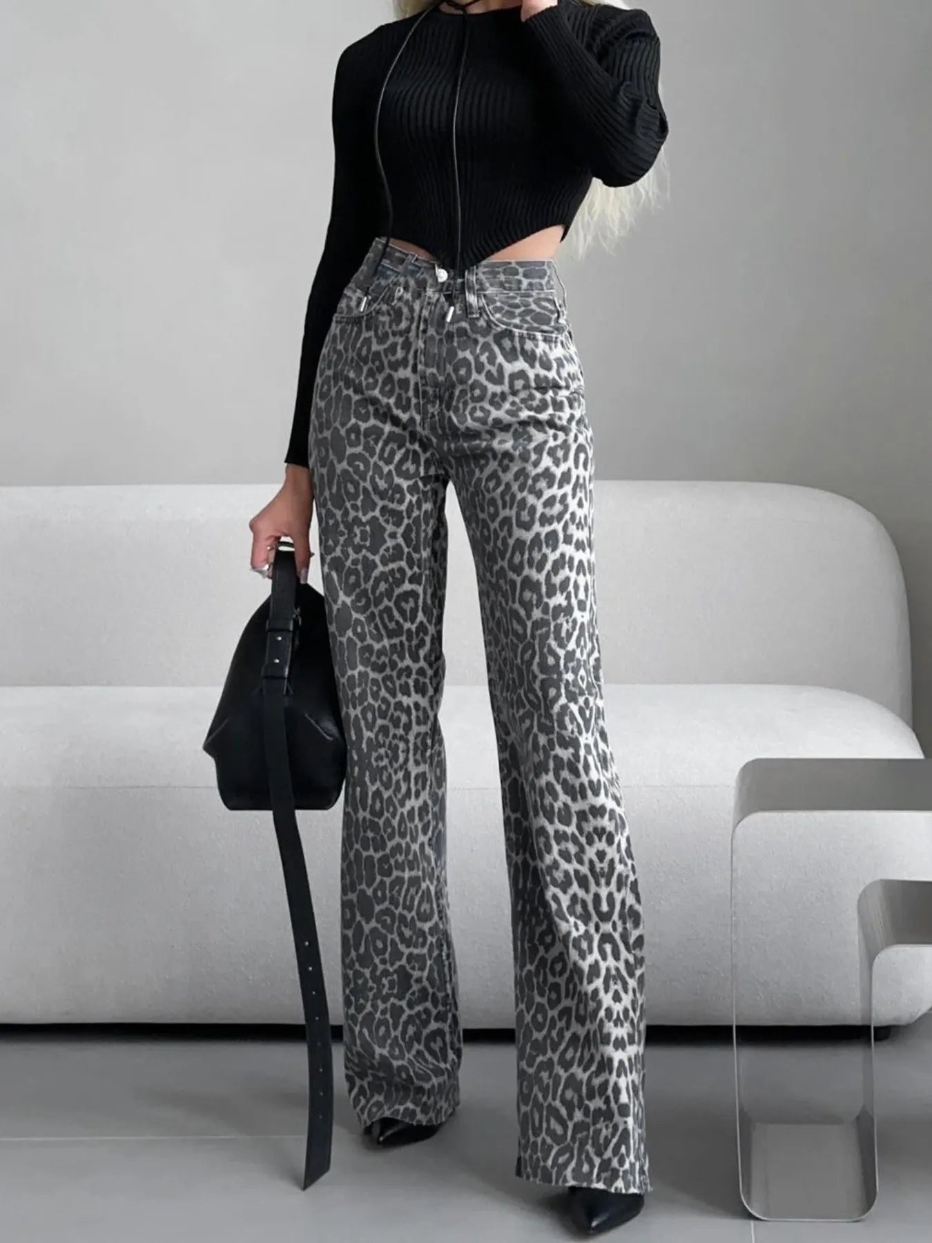 High-Waisted Leopard Print Flare Jeans 