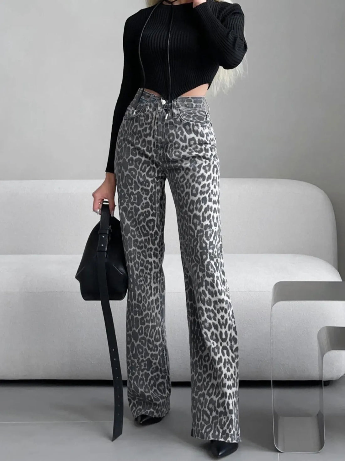 High-Waisted Leopard Print Flare Jeans 