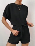 Waffle-Knit Round Neck T-Shirt and Pocketed Shorts Lounge Set Lingerie & Nightwear
