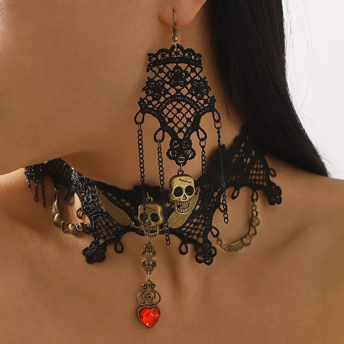 Halloween Lace Skull Necklace and Earrings Jewelry Set 