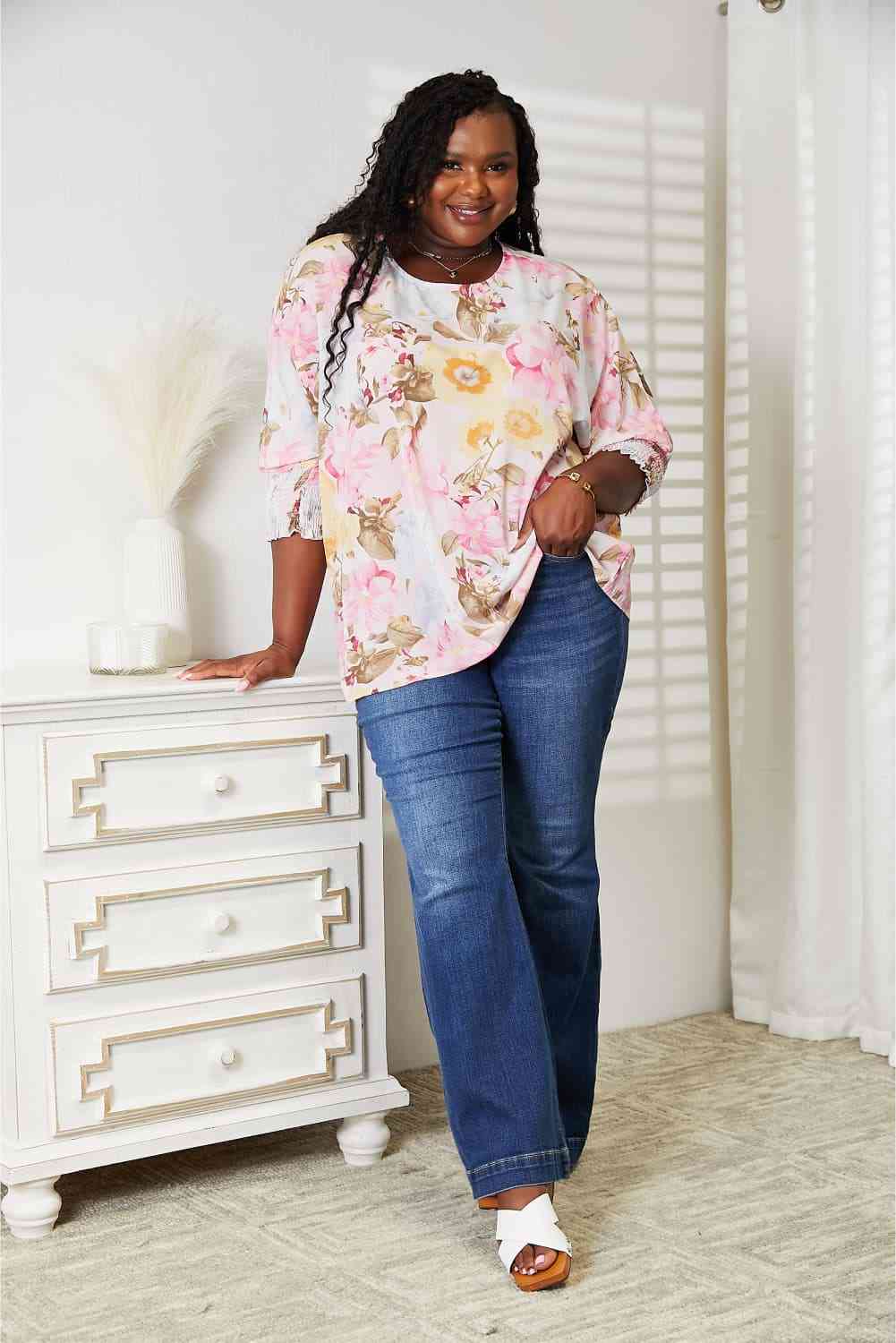 Double Take Floral Round Neck Three-Quarter Sleeve Top 