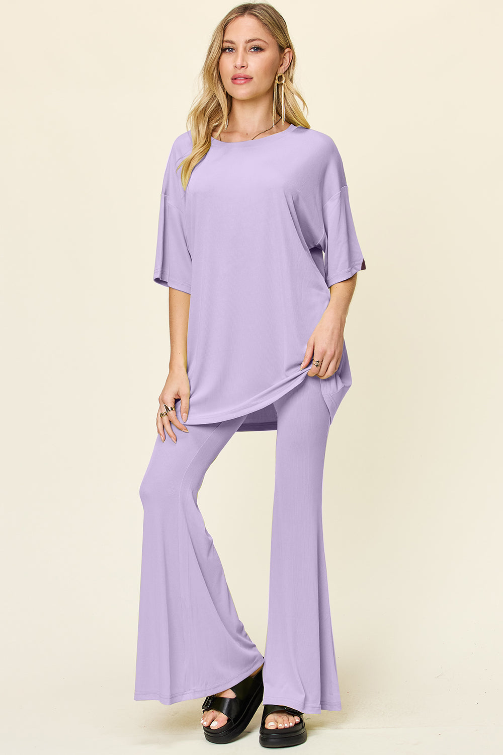 Double Take Full Size Round Neck Drop Shoulder T-Shirt and Flare Pants Set 