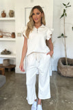Double Take Full Size Texture Ruffle Short Sleeve Top and Wide Leg Pants Set 