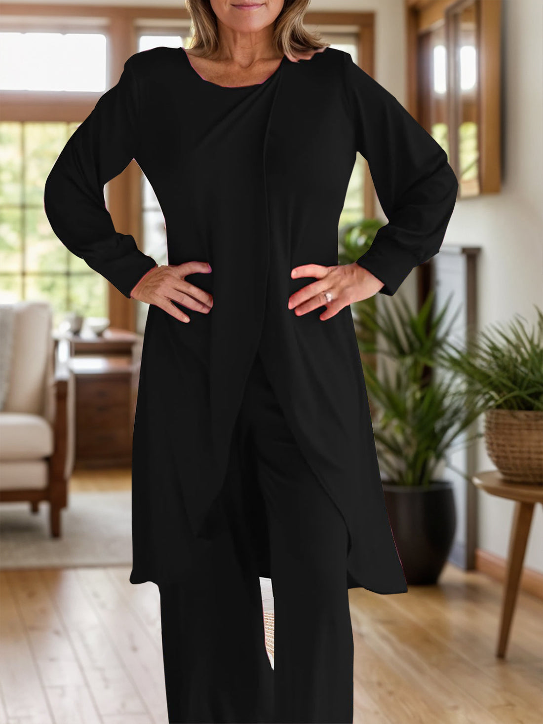 Full Size Slit Round Neck Long Sleeve Top and Pants Set 