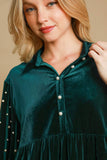 Umgee Pearl Detail Half Sleeve Velvet Babydoll Blouse 
