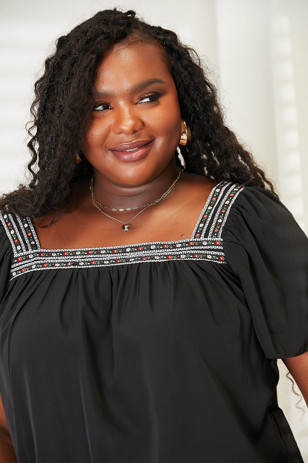 Honey Contrast Square Neck Puff Sleeve Blouse 