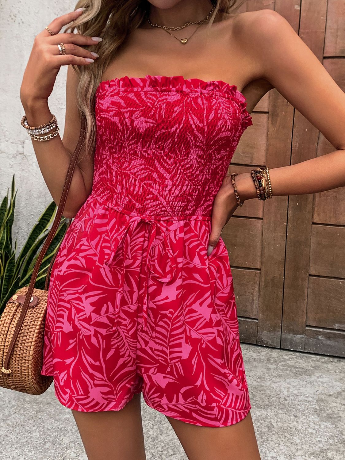 Perfee Smocked Printed Tube Romper with Pockets 