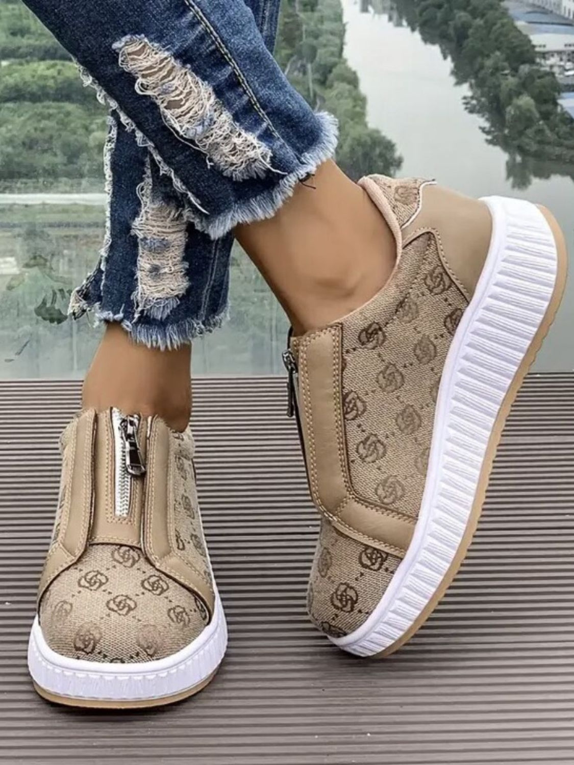 Floral Round Toe Sneakers with Zip 