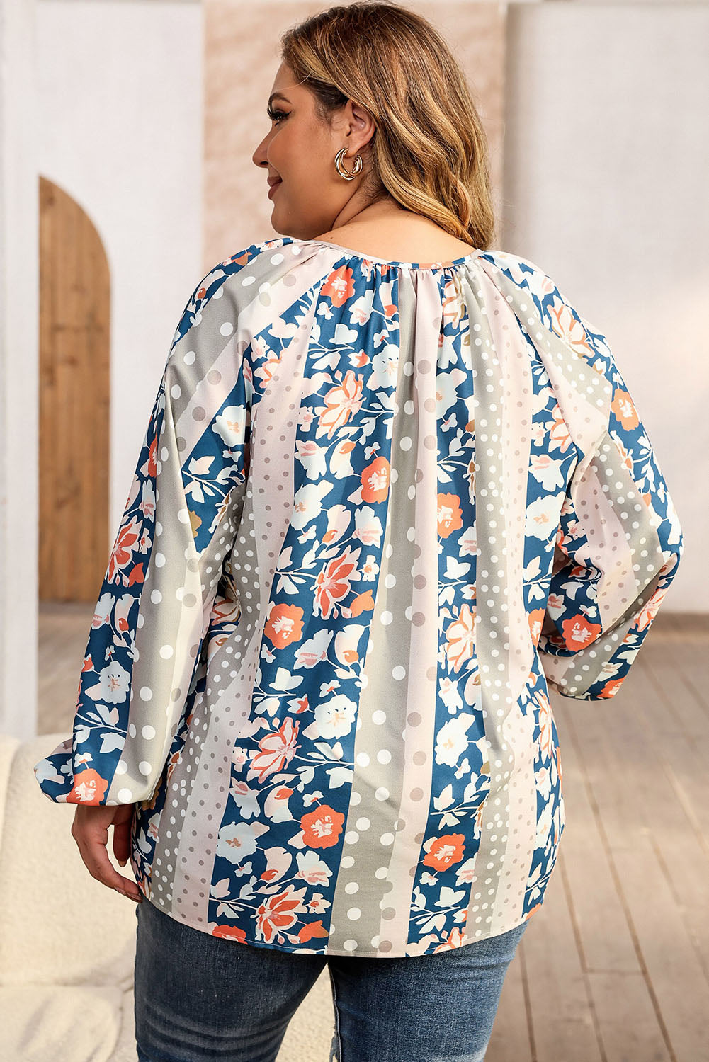 Plus Size Floral Tie Neck Blouse 