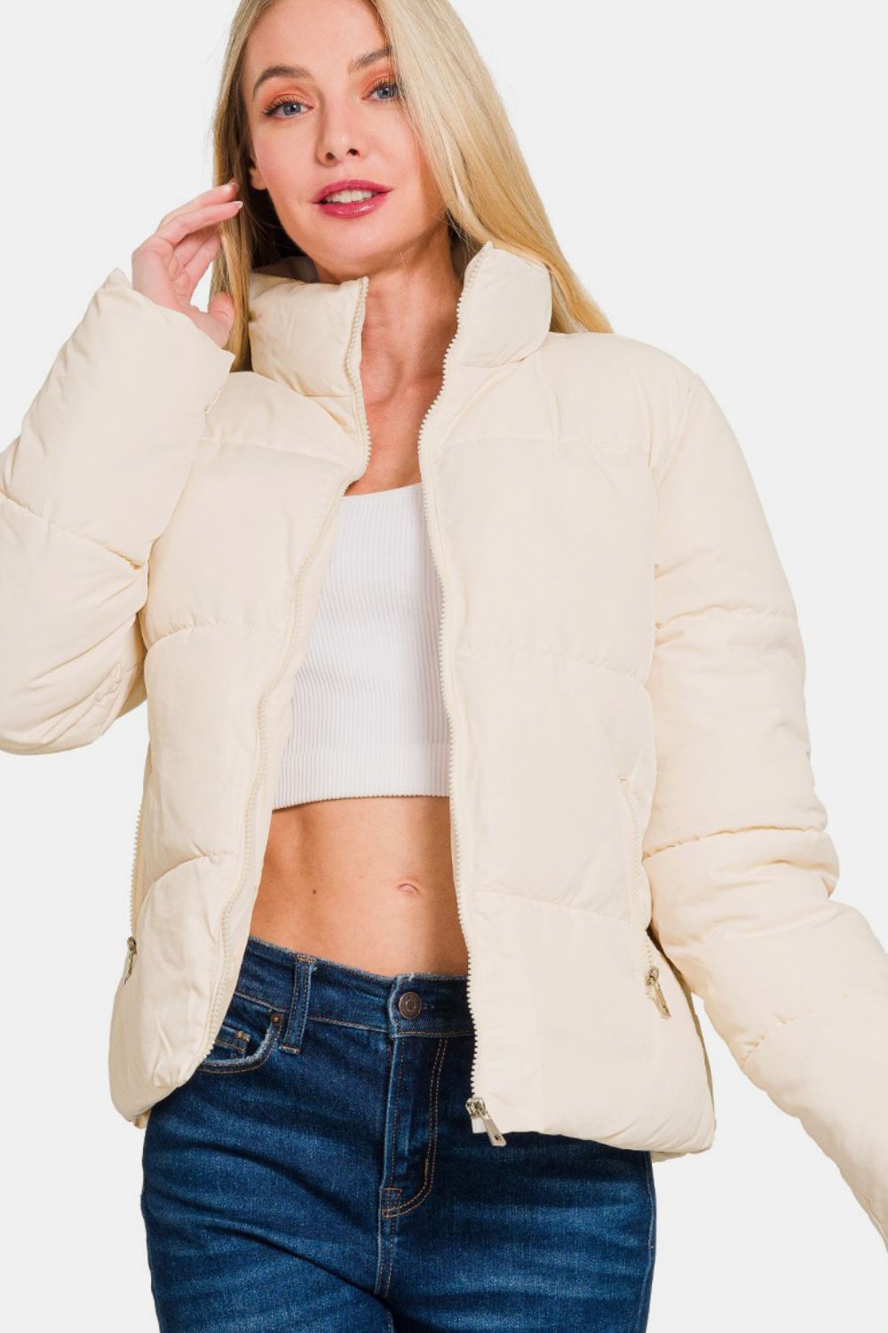 Zenana Zip Up Turtleneck Puffer Jacket with Pockets 