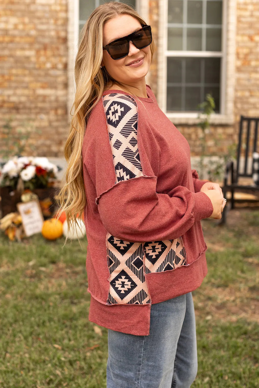 Plus Size Geometric Round Neck Long Sleeve Sweatshirt 