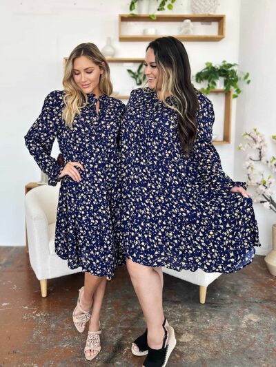 Double Take Full Size Printed Ruffle Hem Long Sleeve Tiered Dress 