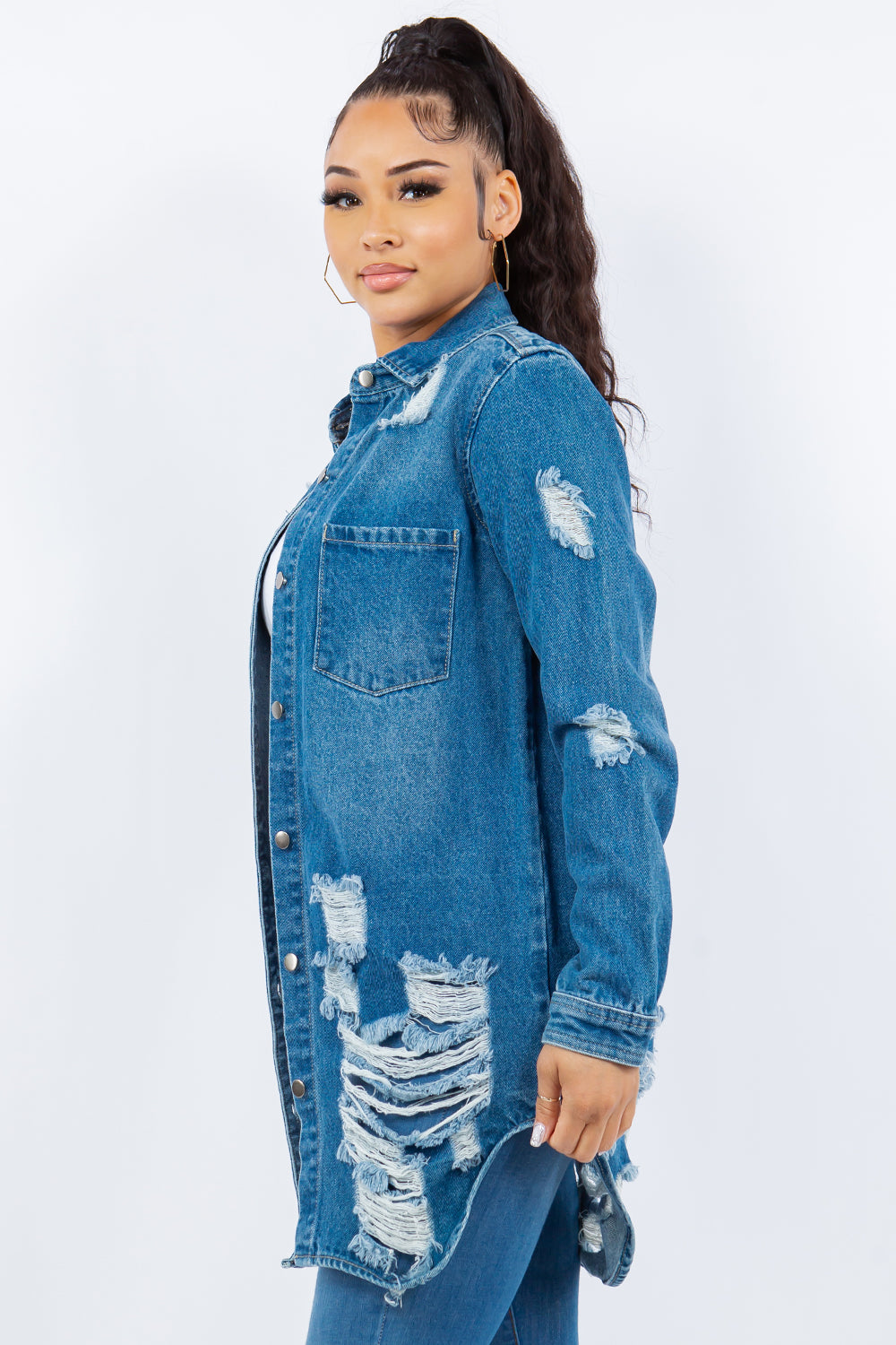 American Bazi Distressed Button Up Long Sleeve Denim Jacket 
