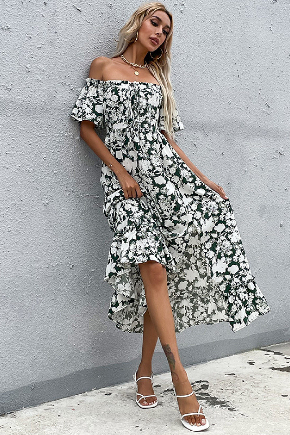 Perfee Floral Slit Off-Shoulder Midi Dress 