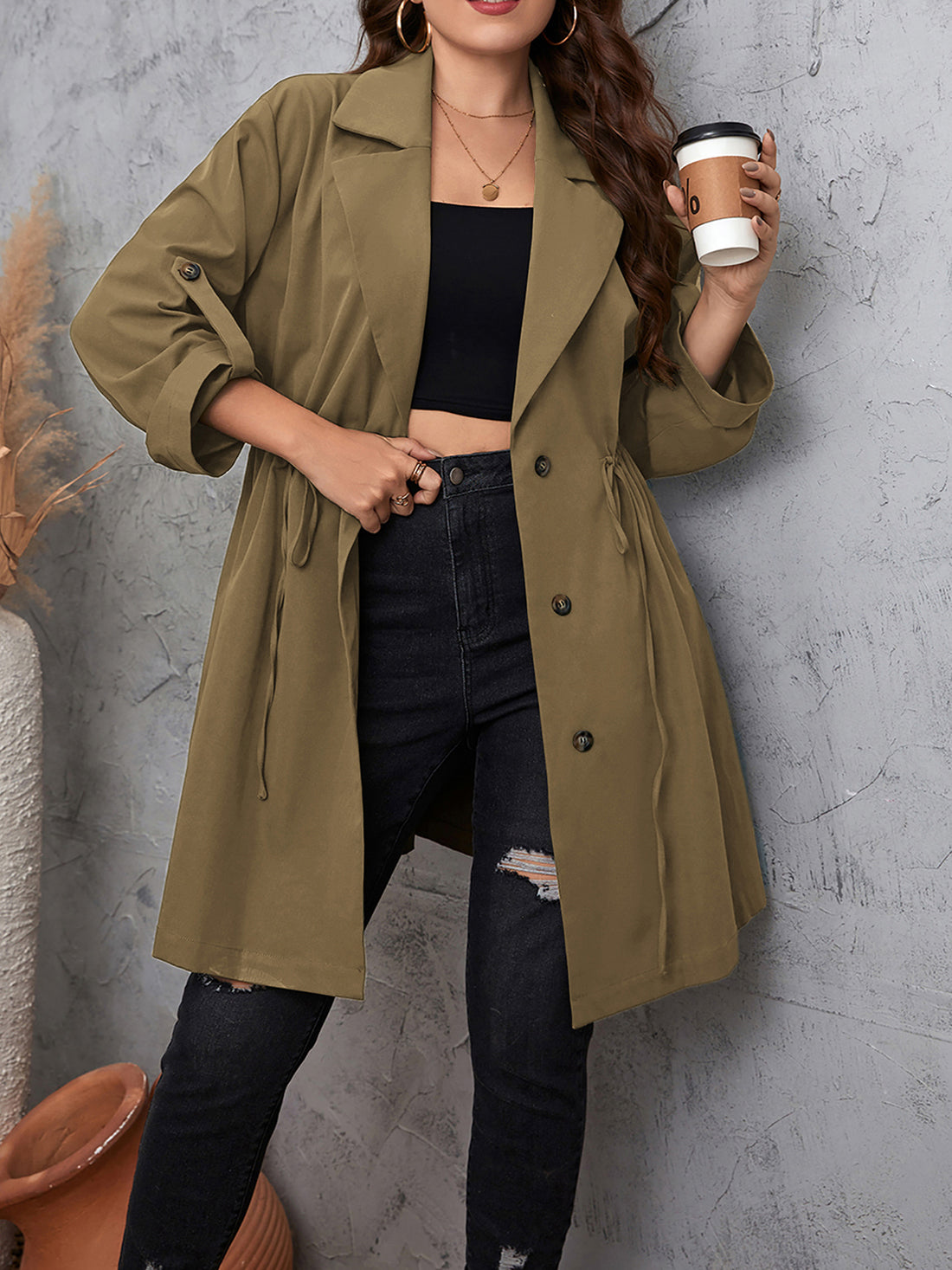 Honey Plus Size Lapel Collar Drawstring Roll-Tab Sleeve Trench Coat 