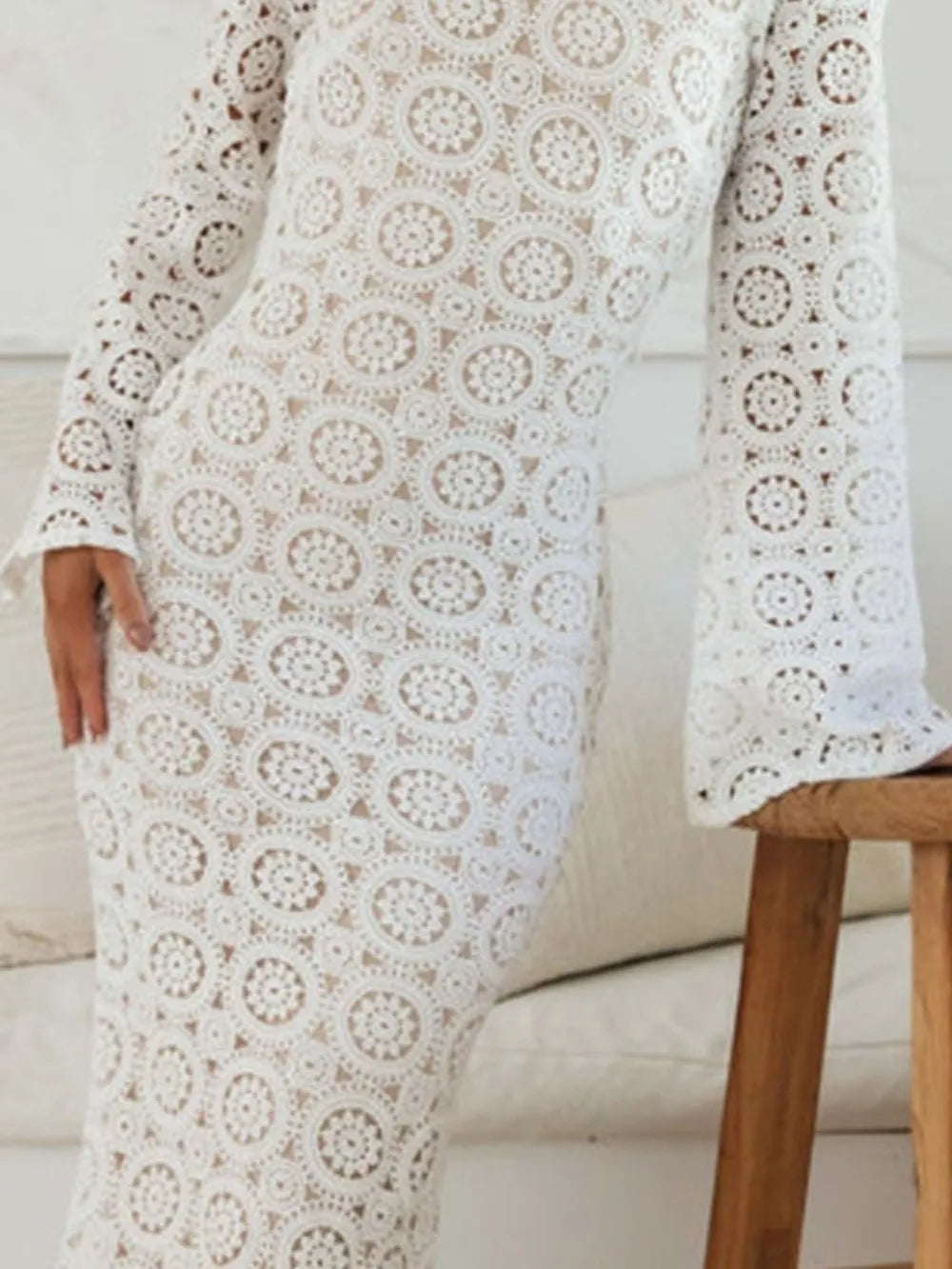 Lace Backless Round Neck Flare Sleeve Dress 